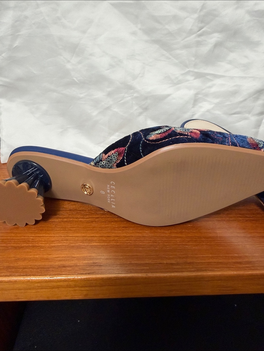 CECILIA NEW YORK Navy Embroidered Sequin Pointed Toe Mules - Picture 5 of 7
